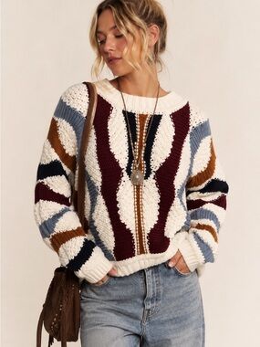 Ryegrass Chunky Textured Geometric Knit Sweater Boho Eclectic